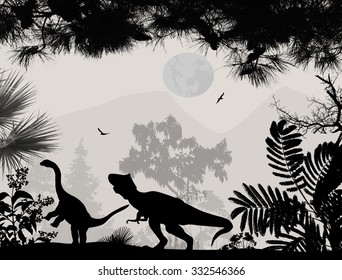 Dinosaurs silhouettes in beautiful landscape on white background, vector illustration