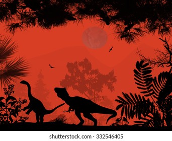 Dinosaurs silhouettes in beautiful landscape on red background, vector illustration