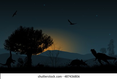Dinosaurs silhouettes in beautiful landscape on blue sunset background, vector illustration