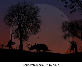 Dinosaurs silhouettes in beautiful landscape on sunset, vector illustration