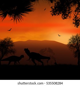 Dinosaurs silhouettes in beautiful landscape on sunset background, vector illustration