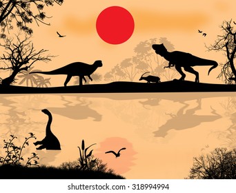 Dinosaurs silhouettes in beautiful landscape at sunset near water, vector illustration