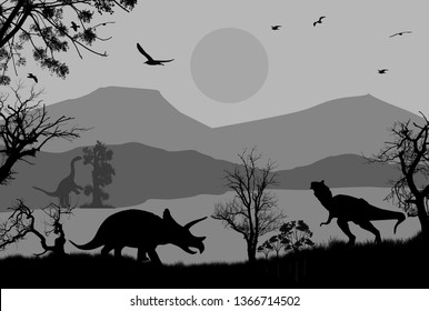 Dinosaurs silhouettes in beautiful landscape, vector illustration