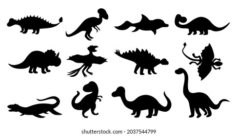 Dinosaurs silhouettes. Black doodle shapes of prehistoric Jurassic reptiles, cute ancient predators and herbivores vector isolated set