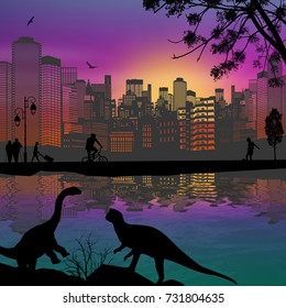 Dinosaurs silhouettes in front of a cityscape near water, vector illustration