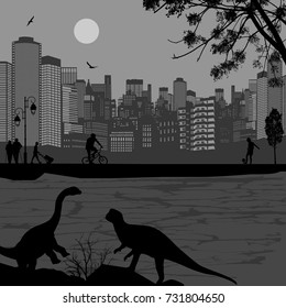 Dinosaurs silhouettes in front of a cityscape near water at grey night, vector illustration