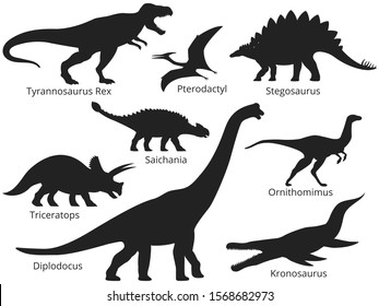 Dinosaurs silhouettes isolated on white background. Vector outlines of prehistoric reptiles. Most dangerous monsters in history. Herbivorous and predatory dinosaurs of the Jurassic period.