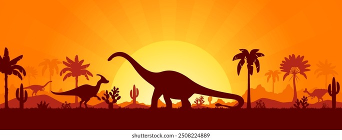 Silhuetas de dinossauros, paisagem do pôr do sol da era Jurássica com lagartos gigantes pré-históricos, fundo vetorial. Silhuetas de lagartos de dinossauros pré-históricos de desenhos animados em árvores da floresta da selva com sol ou lua no céu