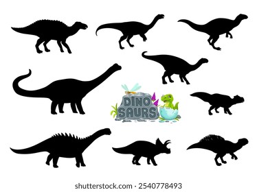 Silhuetas de dinossauros de répteis jurássicos para crianças dino parque coleção, ícones vetoriais. Cartoon engraçado dino bebê personagem eclodindo de ovo com Arrhinoceratops, Antarctosaurus com Ampelosaurus