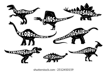 Siluetas de dinosaurios con nombres de dinosaurios con letras de lagartos de la era jurásica, iconos vectoriales. Dibujos animados de dinosaurios prehistóricos con nombres de especies que escriben para T-rex tyrannosaurus y velociraptor