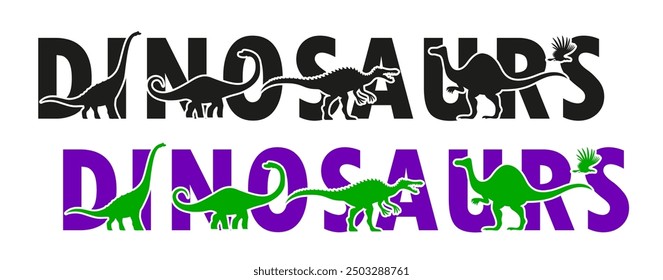 Letras de siluetas de dinosaurios con lagartos jurásicos y personajes de dinosaurios, fondo de Vector. Era prehistórica T-rex tyrannosaurus lagarto, brontosaurus y pájaro pterodáctilo en letras silueta