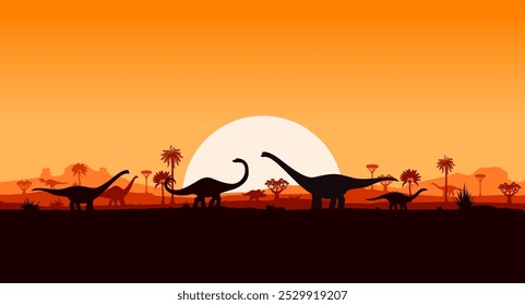 Silhuetas de dinossauros na paisagem do pôr do sol com palmeiras pré-históricas, colinas e plantas. Fundo sereno vetor com sombras de dino saurópodes vagando pacificamente em frente ao grande sol no céu crepúsculo laranja