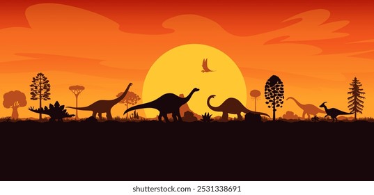 Siluetas de dinosaurios en el paisaje de la puesta del sol de la era prehistórica del Jurásico, fondo del Vector. Siluetas prehistóricas de los lagartos del dinosaurio de la historieta en árboles del bosque de la selva con el sol de la montaña del volcán en cielo nocturno