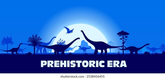 Siluetas de dinosaurios en el paisaje de la puesta del sol en el bosque del parque de la selva del Jurásico, fondo del Vector. Paisaje de la era prehistórica con la silueta del pájaro del tiranosaurio de T-rex, del brontosaurio y del pterodáctilo