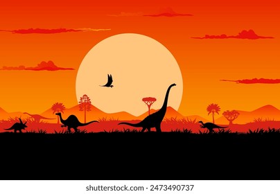 Dinosaurier Silhouetten auf Sonnenuntergang prähistorische Landschaft mit Bäumen und Pflanzen. Vektorgrafik Hintergrund mit Brachiosaurus und Triceratops Dino, fliegender Pterosaurierschatten vor großer Sonne am Orangen Abendhimmel