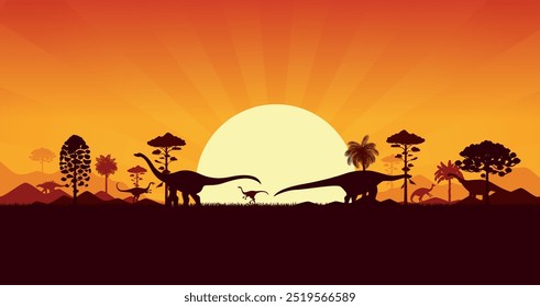 Dinosaurs silhouettes on sunset prehistoric landscape with palm trees, hills and plants. Vector serene background with dino species shadows roaming peacefully in front of large sun in orange dusk sky