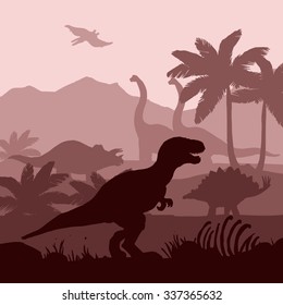 Siluetas de dinosaurios en un entorno prehistórico que se superponen en capas en tonos marrones banner de fondo decorativo ilustración vectorial abstracta