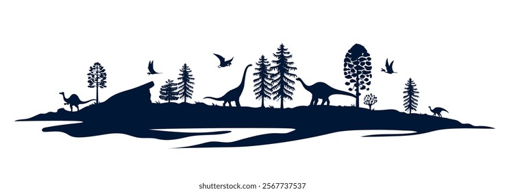 Dinosaurs silhouettes at prehistoric landscape. Jurassic era nature, extinct flora and fauna vector background with titanosauria, quaesitosaurus, deinocheirus, pteranodon dinosaurs silhouettes