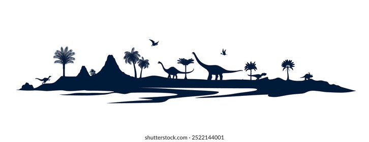 Siluetas de dinosaurios en el paisaje prehistórico con especies de dinosaurios itinerantes, palmeras, volcanes distantes y pterosaurios voladores. Antiguo, período Jurásico de la Tierra, Vector negro sombra panorámica