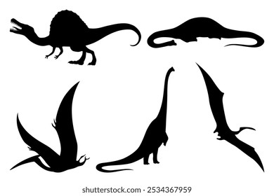 Silhuetas de dinossauros. Ícones de monstros Dino. Monstros de répteis pré-históricos. Ilustração vetorial isolada em branco. Conjunto de esboços