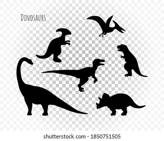 Dinosaurier-Silhouetten-Set. Typen von Dinosauriern einzeln auf transparentem Hintergrund. Velociraptor, Parasaurolophus, Triceratops, Pteranodon, Tyrannosaurus, Brachiosaurus. Text-Dinosaurier.