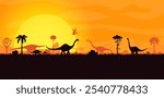 Dinosaurs silhouettes in sunset landscape of Jurassic era forest, vector background. Prehistoric giant lizards, dino pterodactyls and reptiles silhouettes in jungle forest with sunset for paleontology