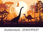 Dinosaurs silhouettes at sunset landscape in Jurassic era forest, vector background. Prehistoric giant lizards and pterodactyl silhouettes in jungle sunset for paleontology museum or dinosaurs atlas