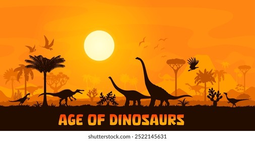 Dinosaurs silhouettes in sunset landscape of Jurassic forest, vector background. Prehistoric giant lizards, dino pterodactyls and reptiles silhouettes in valley with sunset for paleontology museum