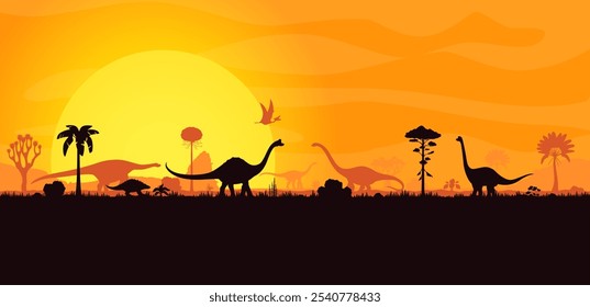 Silhuetas de dinossauros no pôr do sol paisagem da era Jurássica floresta, fundo vetorial. Lagartos gigantes pré-históricos, dino pterodátilos e silhuetas de répteis em floresta de selva com pôr do sol para paleontologia