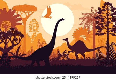 Silhuetas de dinossauros na paisagem do pôr do sol na floresta da era Jurássica, fundo vetorial. Lagartos gigantes pré-históricos e silhuetas pterodátilas no pôr do sol da selva para o museu de paleontologia ou atlas de dinossauros