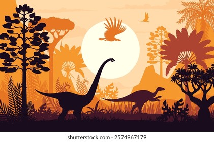 Dinosaurs silhouettes at sunset vector background. Prehistoric dino animals and birds in jungle forest with ancient trees, plants and setting sun. Jurassic nature landscape with dinosaurs silhouettes