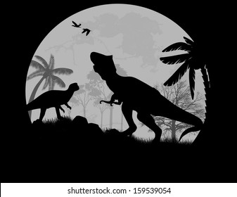 Dinosaurs Silhouettes - Tyrannosaurus T-Rex  in front a full moon, vector illustration