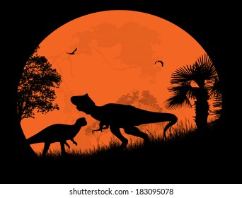 Dinosaurs Silhouettes - Tyrannosaurus T-Rex in front a full moon, vector illustration