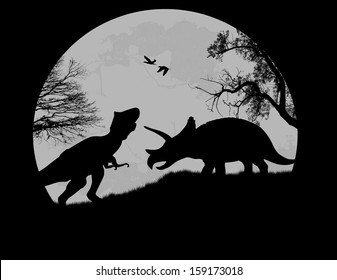 Dinosaurs Silhouettes - Tyrannosaurus T-Rex and Triceratops, in front a full moon, vector illustration