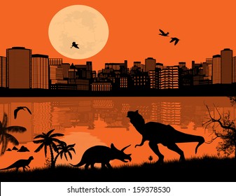 Dinosaurs Silhouettes - Tyrannosaurus T-Rex and Triceratops in front a city scape, vector illustration