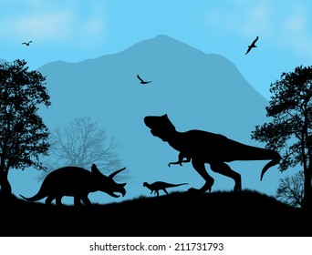 Dinosaurs Silhouettes - Tyrannosaurus T-Rex and Triceratops, in beautiful place , vector illustration