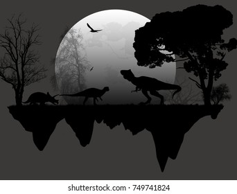 Dinosaurs Silhouettes - Tyrannosaurus T-Rex and Triceratops, in front a full moon, vector illustration
