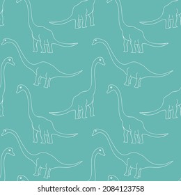 Dinosaurs in a simple Doodle style. Seamless vector pattern for fabric, paper. White line art on blue turquoise background