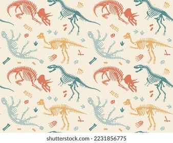 Dinosaurs skeleton seamless pattern. Repeating design element for printing on fabric. Animals before our era, history and archeology. Bones and fossils concept. Cartoon flat vector illustration