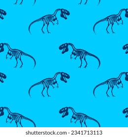 Dinosaurs skeleton tyrannosaur seamless pattern. Original print for T-shirts, textiles, web. Blue background. 