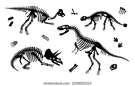 Los dinosaurios esqueletan el conjunto negro. Arqueología y paleontología, animales BC. Colección de siluetas, elementos gráficos para el sitio web. Ilustraciones de caricaturas de vectores planos aisladas en fondo blanco