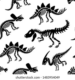 Dinosaurs skeletons fossils seamless pattern. Original black print for T-shirts, textiles, web. Isolated on white background. Vector illustration