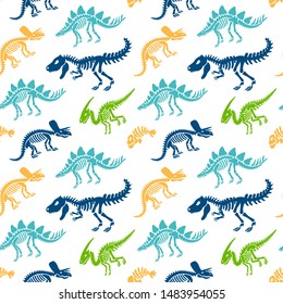 Dinosaurs skeletons fossils seamless pattern. Original colorful print for T-shirts, textiles, web. Isolated on white background. Vector illustration