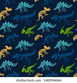 Dinosaurs skeletons fossils seamless pattern. Original print for T-shirts, textiles, web. Colorful silhouette on dark background. Vector illustration