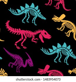 Dinosaurs skeletons fossils seamless pattern. Original colorful print for T-shirts, textiles, web. Black background. Vector illustration