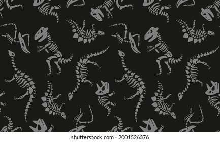 Dinosaurs skeletons fossils seamless vector pattern isolated on black background. Design for use print on all over fabric, Clothing, textiles and others. Grey silhouette art Vector illustration.