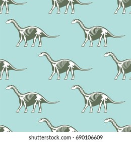 Dinosaurs skeletons silhouettes seamless pattern fossil bone tyrannosaurus prehistoric animal dino bone vector flat illustration.