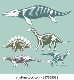 Dinosaurs skeletons silhouettes set fossil bone tyrannosaurus prehistoric animal dino bone vector flat illustration.