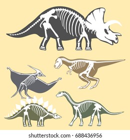 Dinosaurs skeletons silhouettes set fossil bone tyrannosaurus prehistoric animal dino bone vector flat illustration.