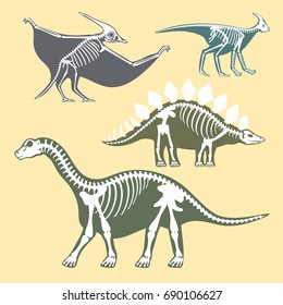 Dinosaurs skeletons silhouettes set fossil bone tyrannosaurus prehistoric animal dino bone vector flat illustration.